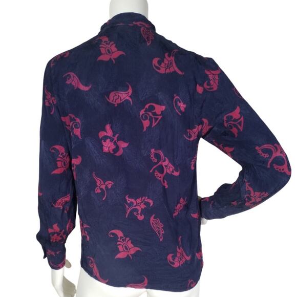 Christian Dior Silk Blouse Dark Blue Floral Print Button Cuff Size 6 - Picture 5 of 6